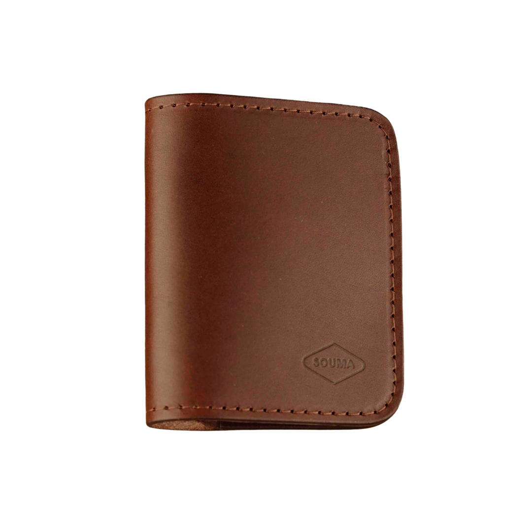 Bifold Apple AirTag Leather Wallet Brown wooden background, white background