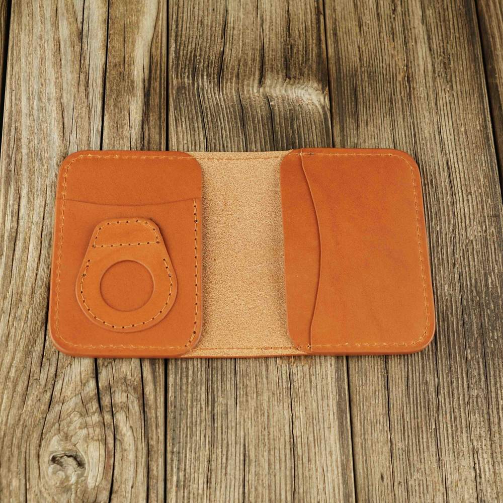 Honey leather cardholder with slot on Apple AirTag slot, open