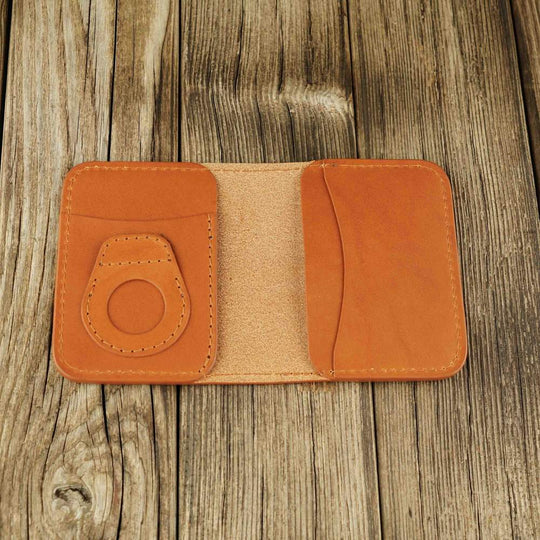 Honey leather cardholder with slot on Apple AirTag slot, open