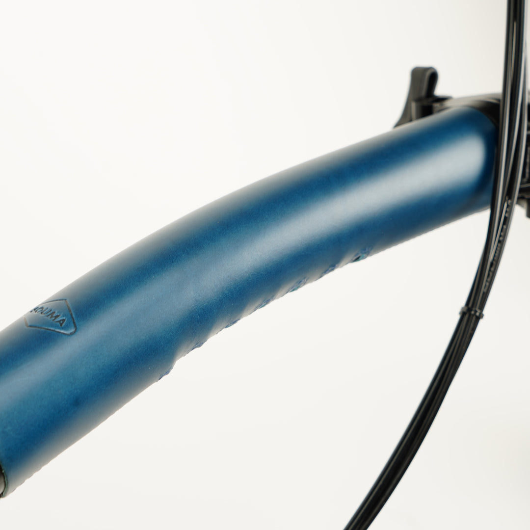 Long Frame Leather Protector for Brompton - Velcro, blue color, logo close-up