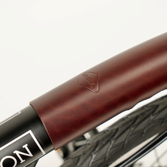 Long Frame Leather Protector for Brompton - Velcro, brown colour, logo close-up