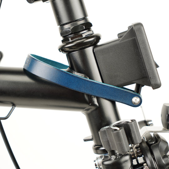 Leather Front Carrier Strap for Brompton bag blue color close-up side view