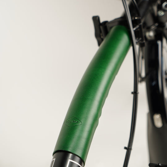 Long Frame Leather Protector for Brompton - Velcro, green color, logo close-up