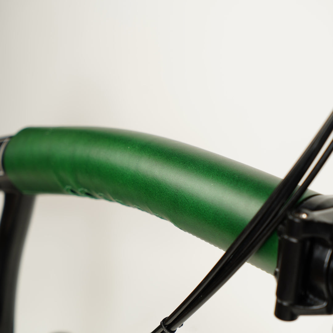 Long Frame Leather Protector for Brompton - Velcro, green colour, another angle close-up view