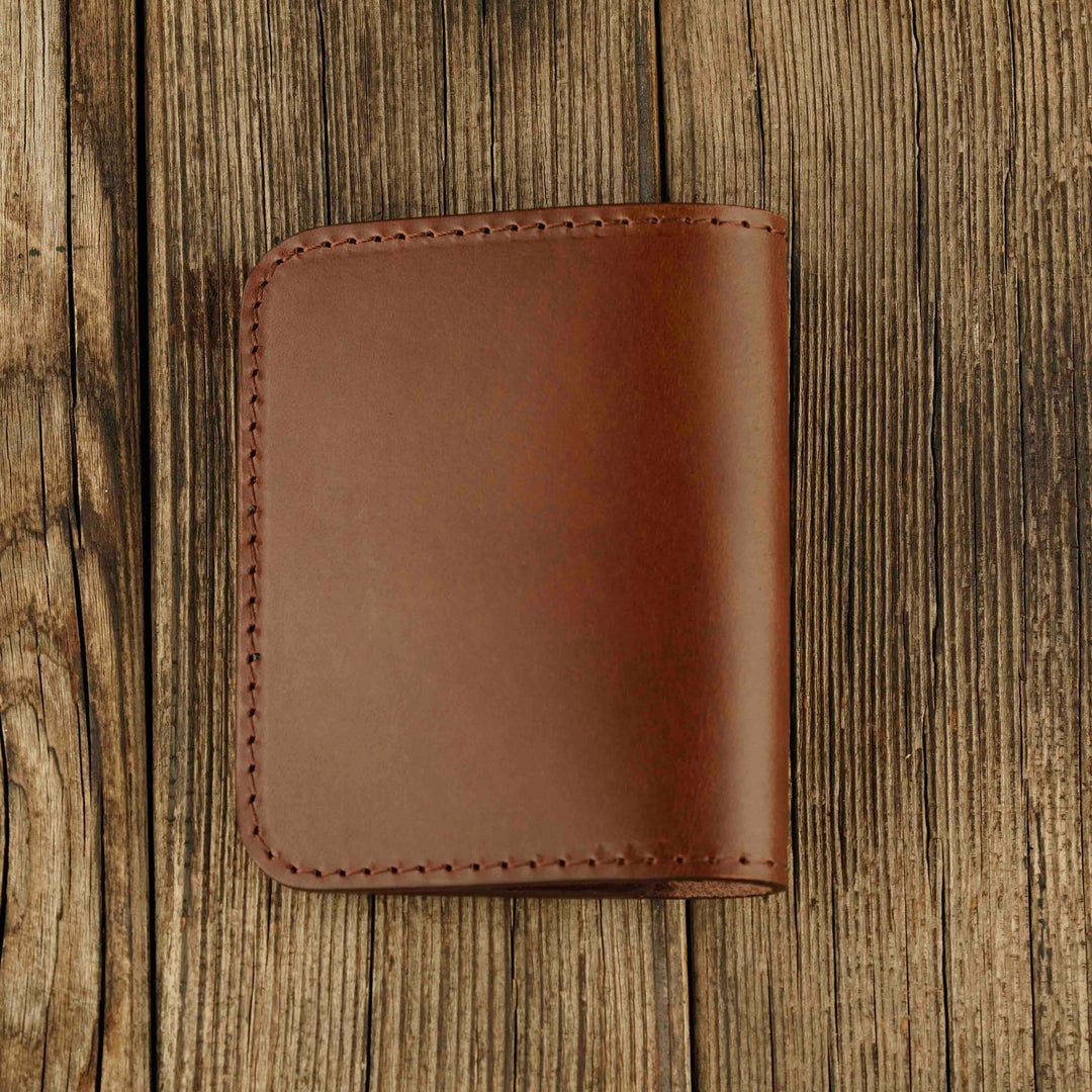 Bifold Apple AirTag Leather Wallet Brown wooden background, back side