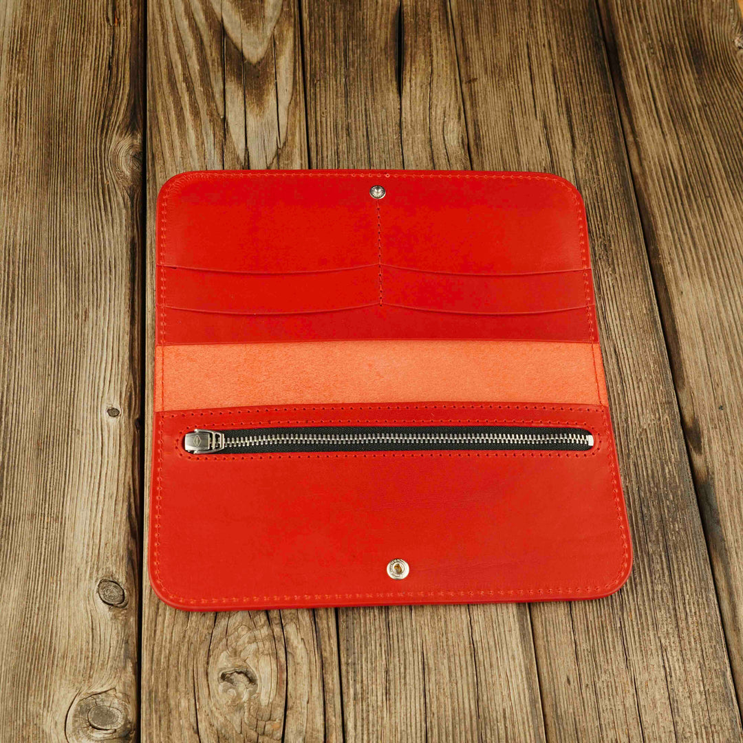 Women's Leather Wallet - Fold Souma Leather Red, open, wooden background