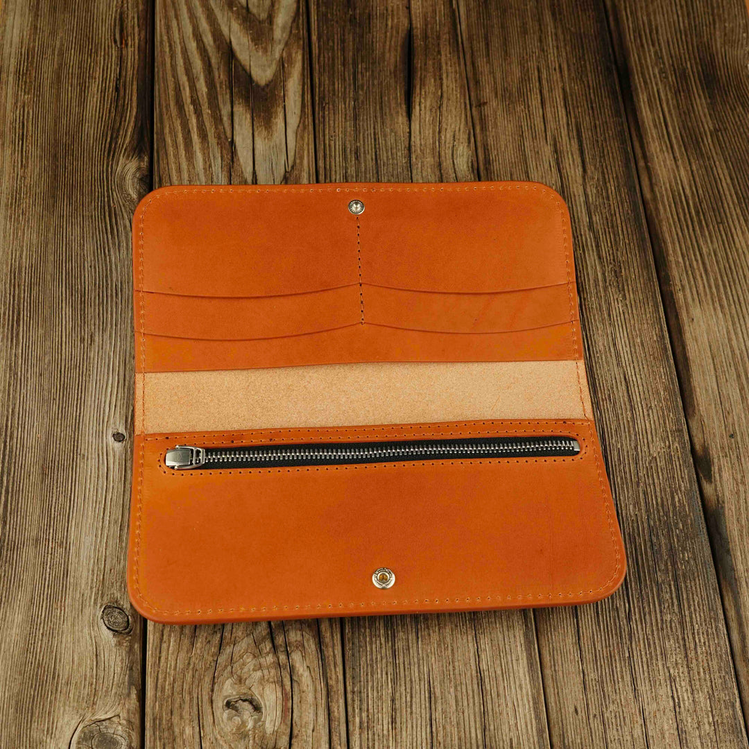 Women's Leather Wallet - Fold Souma Leather Honey, open, Wooden background