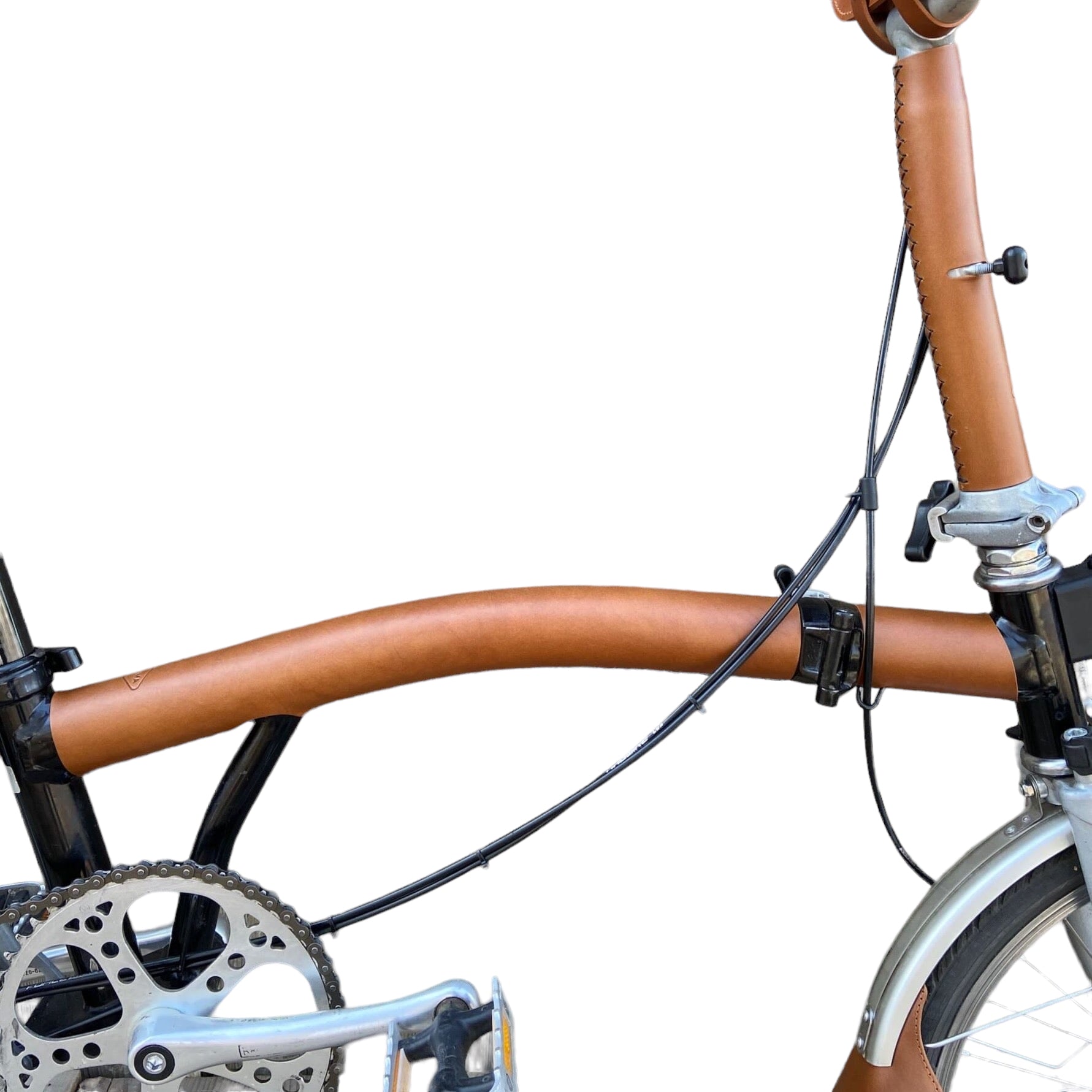 Full Frame Leather Protector Set for Brompton Bicycle - Sew on Souma Leather, honey color, view of full set