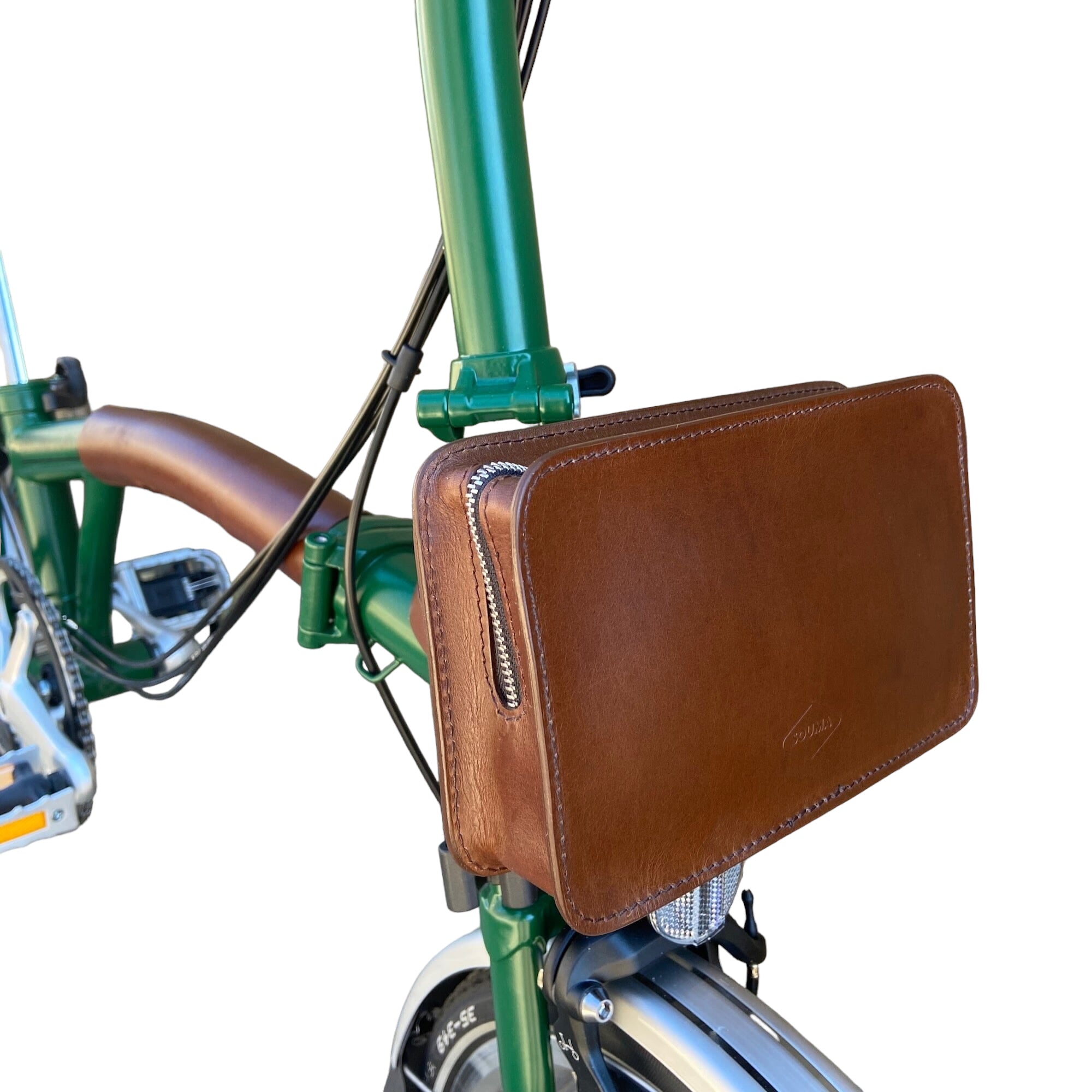 Front Carrier Pouch for Brompton Souma Leather Brown front view