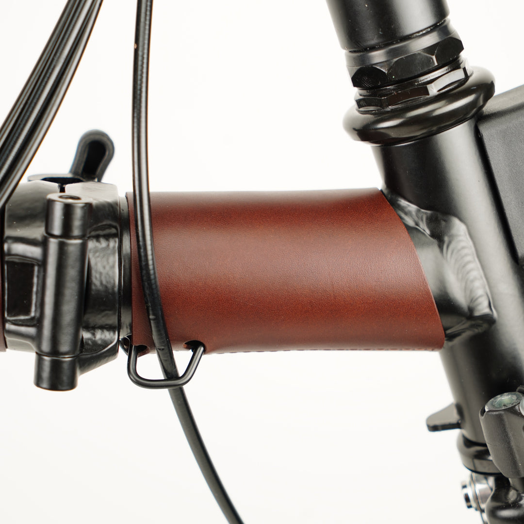Full Frame Leather Protector Set for Brompton Bicycle - Velcro, close-up of front frame protector, brown