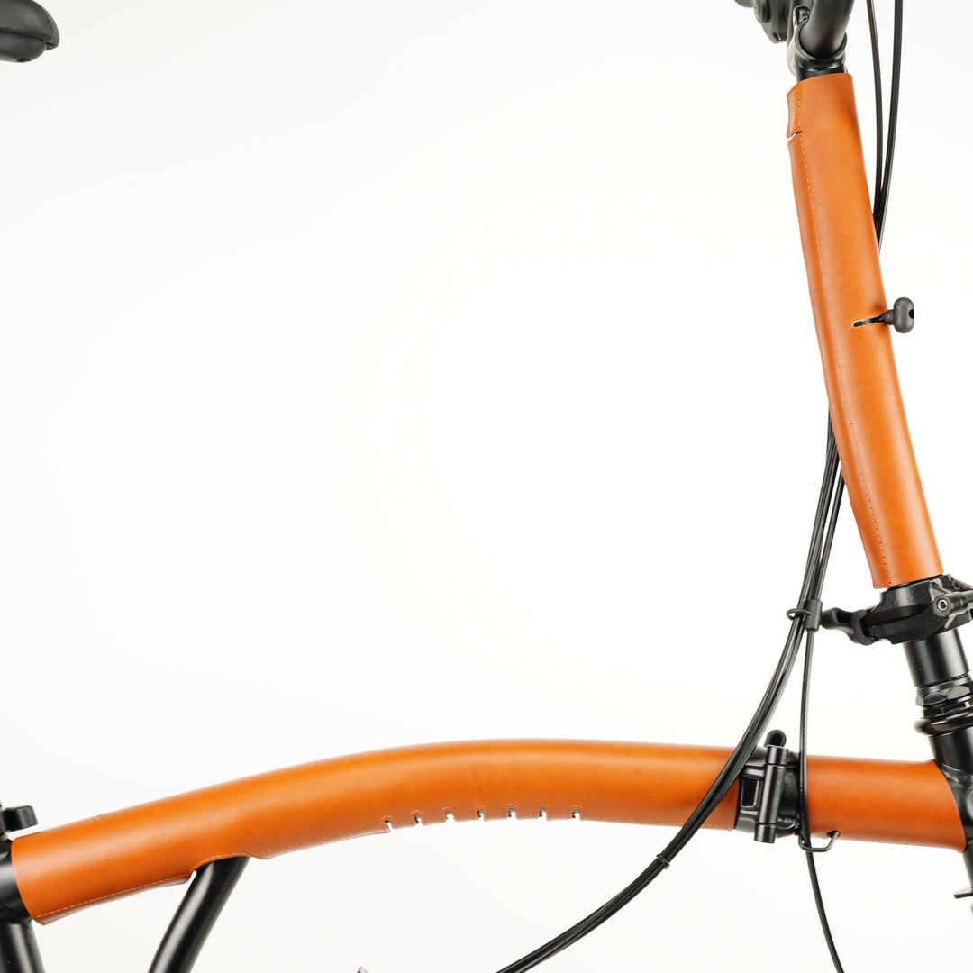 Full Frame Leather Protector Set for Brompton Bicycle - Velcro, close-up of all parts, honey colour