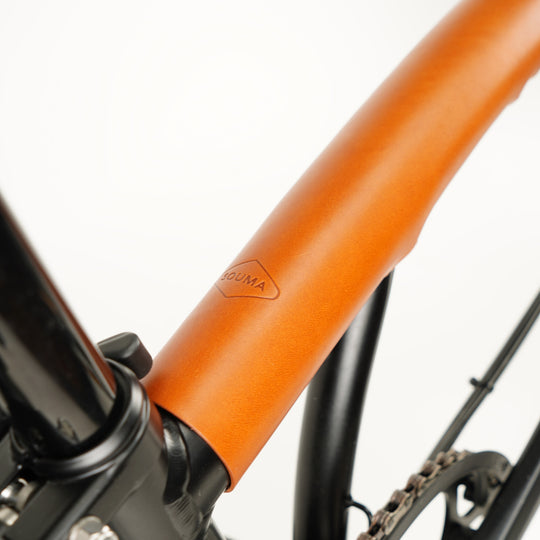 Full Frame Leather Protector Set for Brompton Bicycle - Velcro, honey color  logo close-up