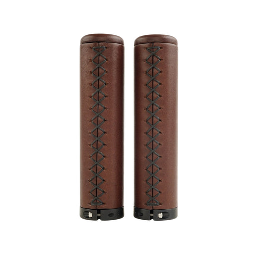Pair of brown leather grips with black stitching on a white background