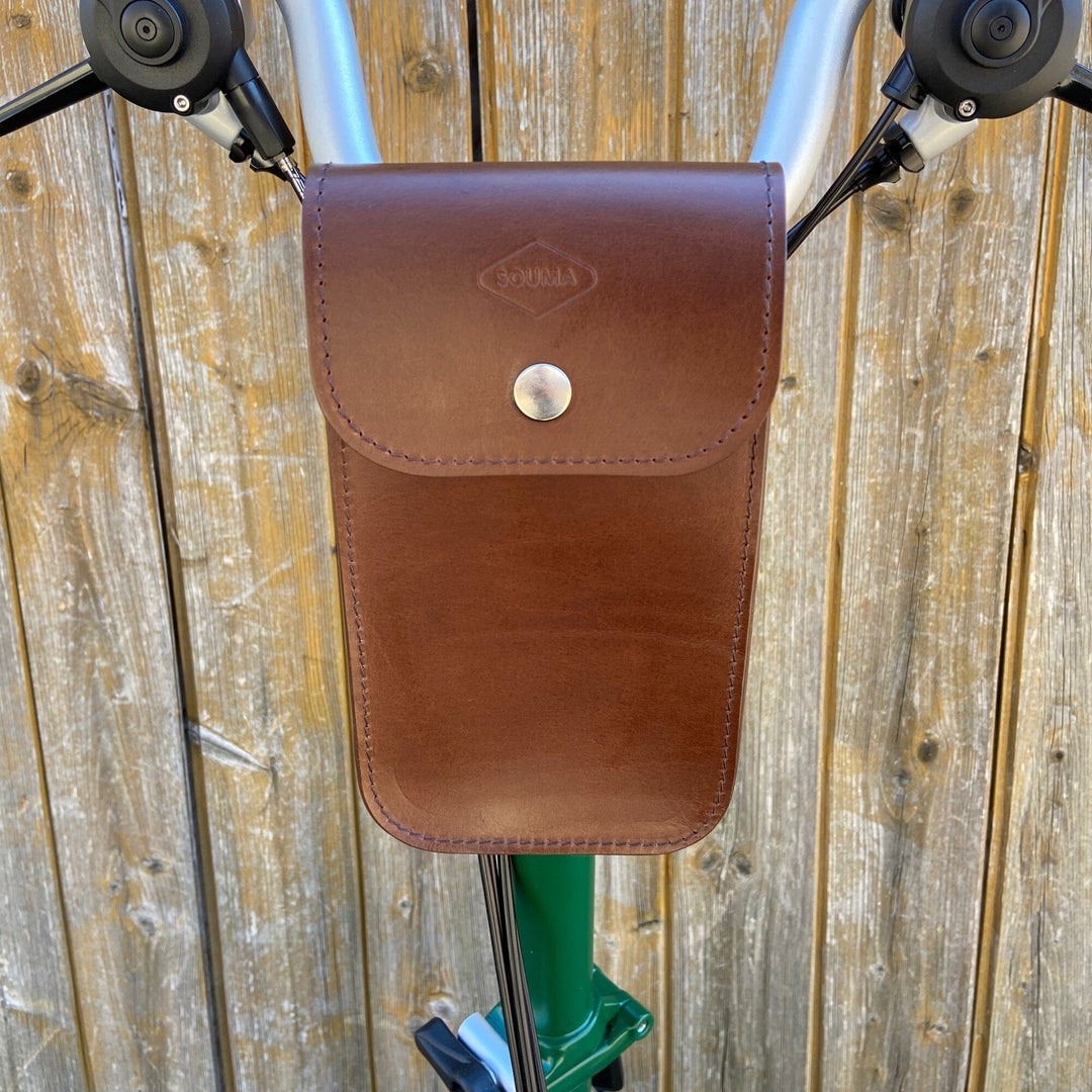 Brompton Leather Handlebar Bag - Large Souma Leather Brown Silver Velcro