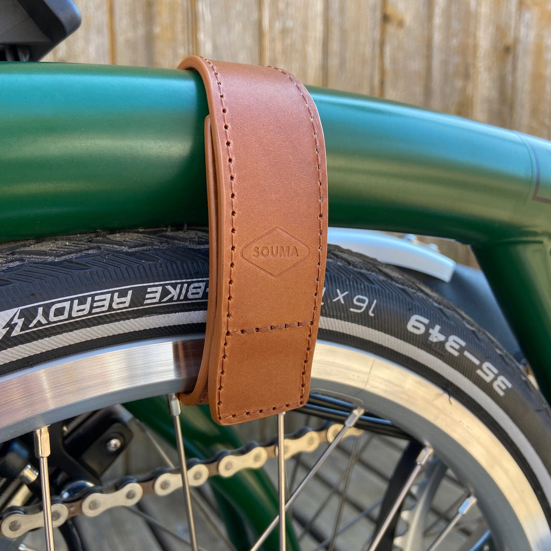Leather Brompton wheel frame strap and trousers strap 2in1 - Brompton accessories - Souma Leather