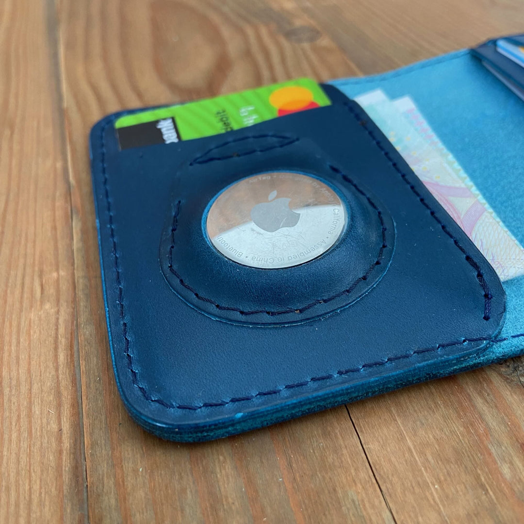 Apple AirTag Leather Bifold Wallet Souma Leather Blue AirTag pocket close-up