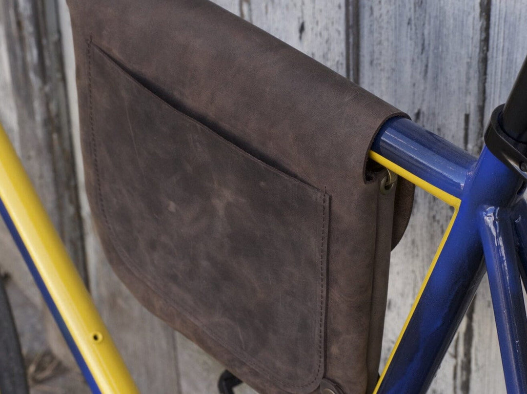 Bicycle Leather Frame Bag - Has large quick access pocket in the back side.