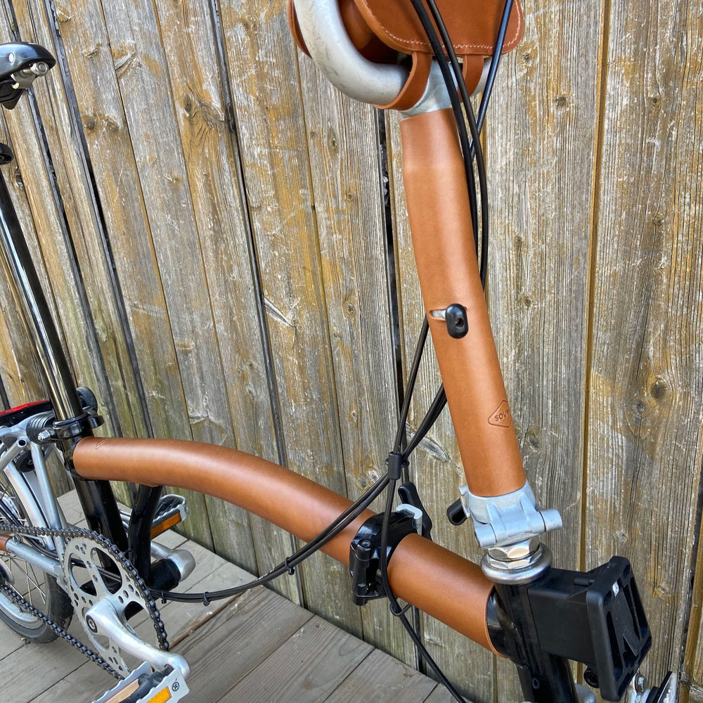 Full Frame Leather Protector Set for Brompton Bicycle - Sew on Souma Leather, honey color close-up view 