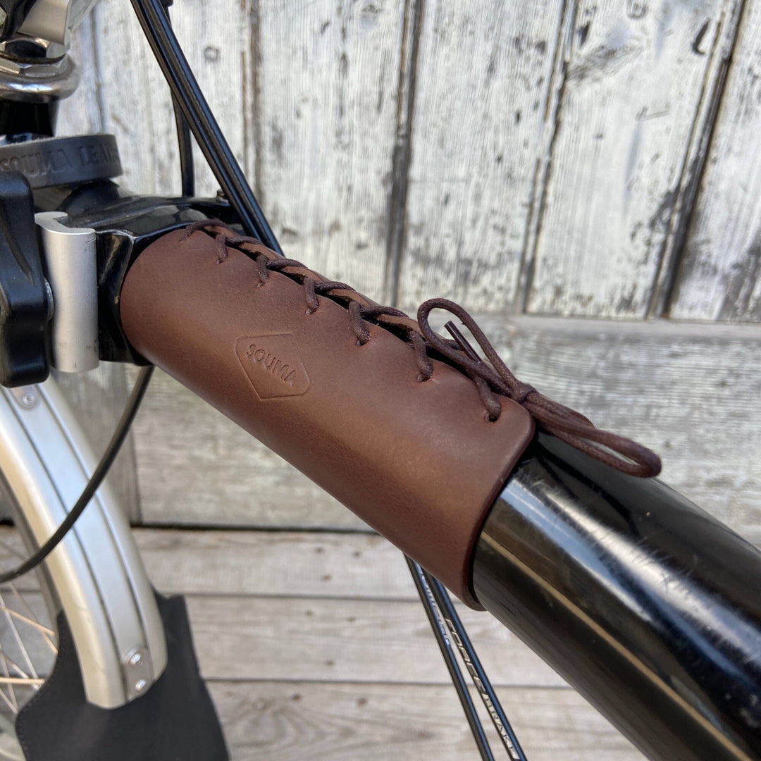 Brompton Frame Protector - Lace On Souma Leather - Brompton Accessories Brown, side view