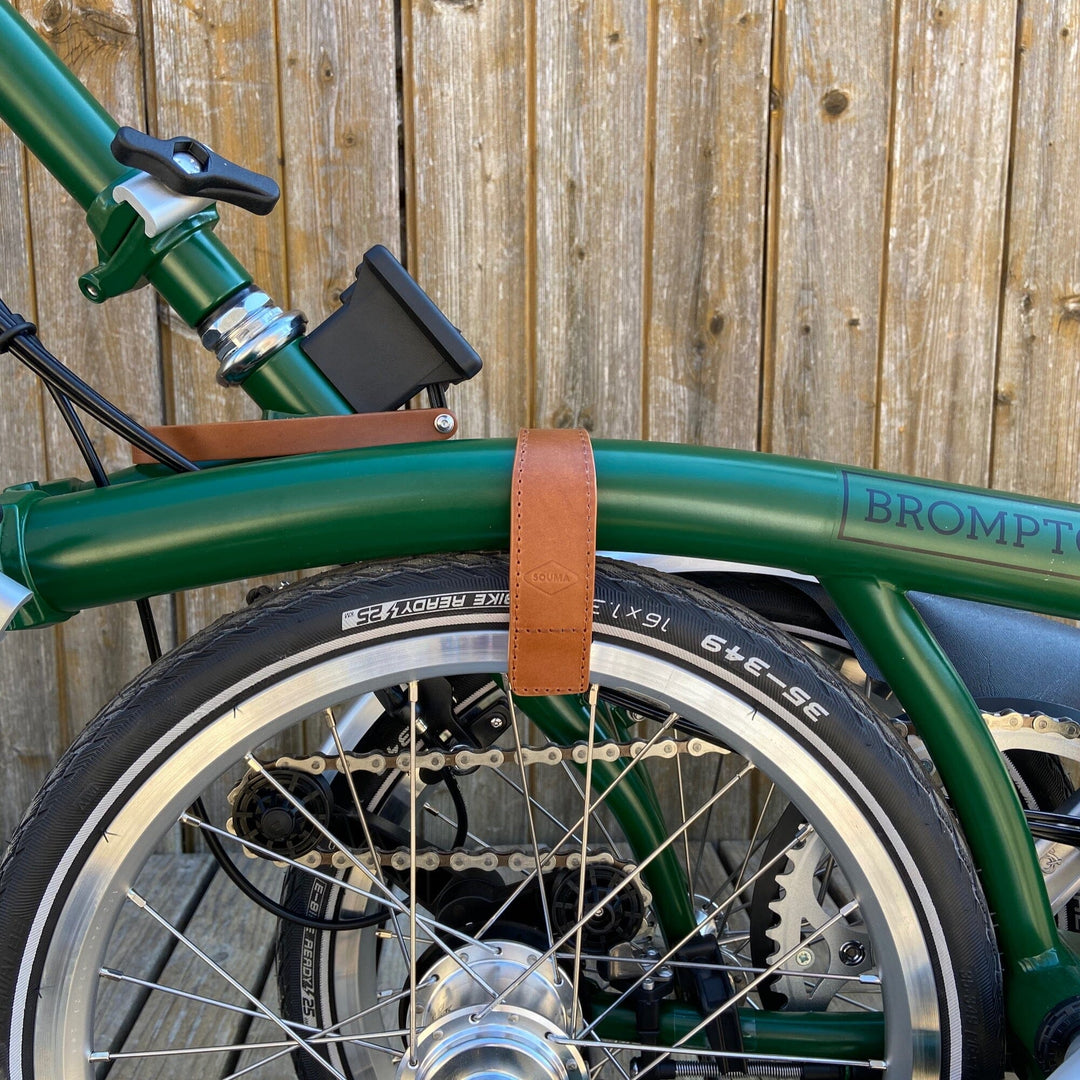 Leather Brompton wheel frame strap and trousers strap 2in1 - Brompton accessories - Souma Leather