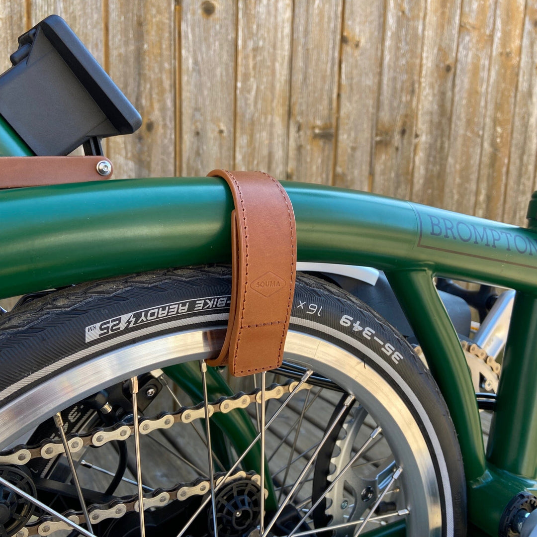 Leather Brompton wheel frame strap and trousers strap 2in1 - Brompton accessories - Souma Leather